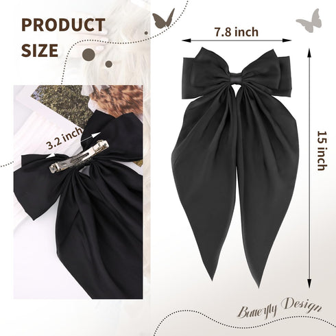 2 Pcs Silky Satin Big Hair Bows, Ribbon Hair Barrettes Clip, Oversized Long Tail Hair Accessories (Black and White)