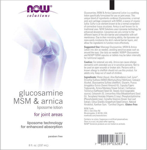 NOW Solutions Glucosamine, MSM and Arnica Liposome Lotion, 8-Ounce for Joint Areas, Enhanced Absorption Technology