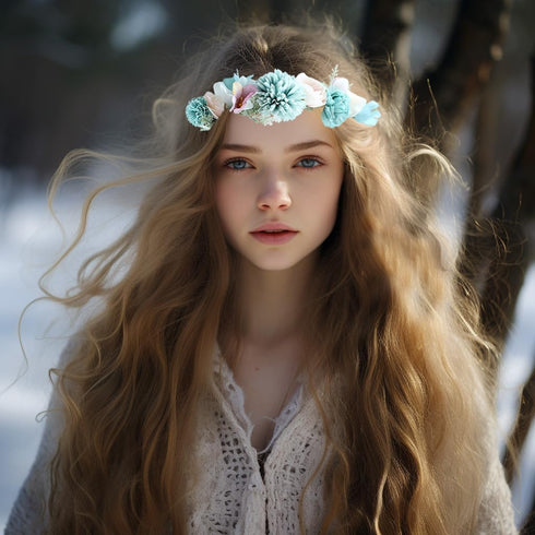 Vivivalue Boho Flower Headband Women Floral Crown Hair Wreath with Ribbon for Wedding Party Festival Photos Blue