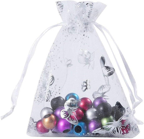 Wudygirl 100pcs Drawstring Organza Bag, 3.54X4.72 Inch, White Butterfly for Wedding Favors