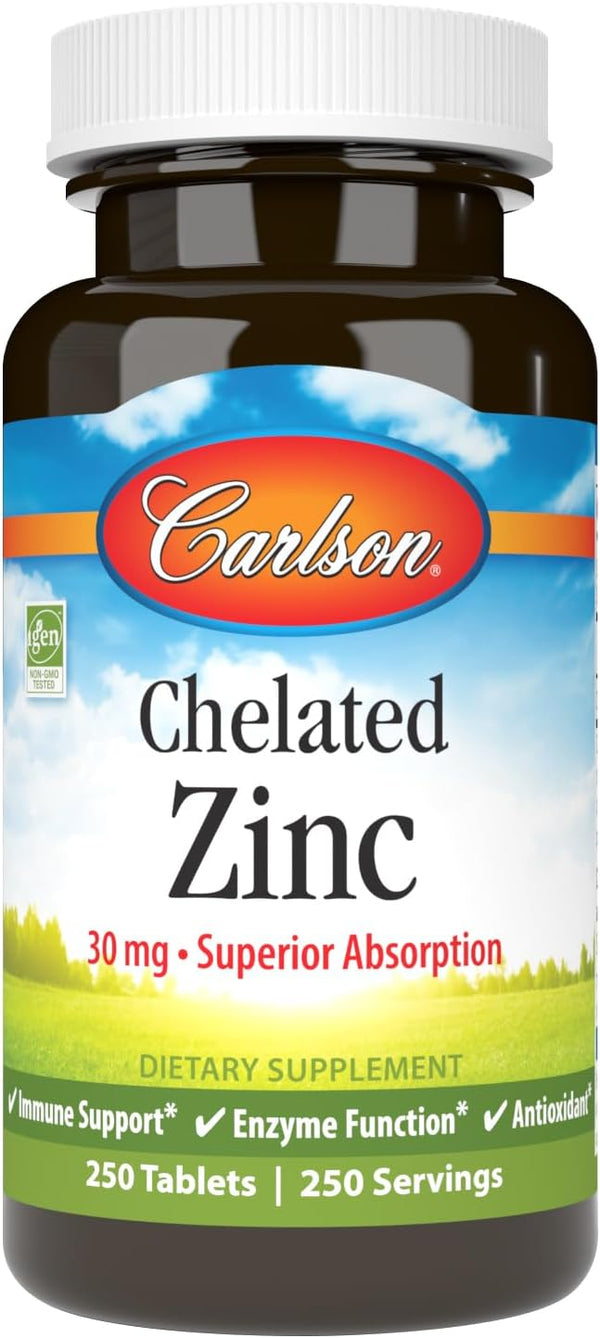 Carlson Chelated Zinc, 30 mg, Zinc Glycinate Chelate, Immune Support, 250 Tablets