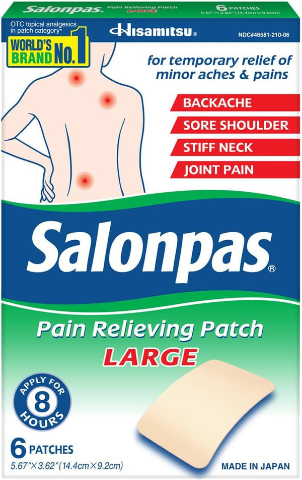 Salonpas LARGE Pain Relieving Patch, 6 Count for Back, Neck, Shoulder, Knee Pain, 8 Hour Muscle Soreness Relief