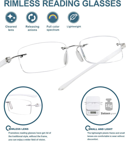BLUELESS Rimless Small Reading Glasses for Men and Women (Transparent)