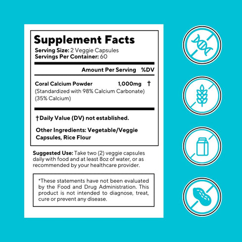 Coral Calcium Powder 1000mg Capsules for Bone Health and PH Level Balance - 120 Veggie Capsules