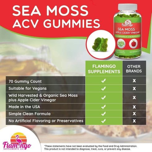 Sea Moss Gummies with Apple Cider Vinegar, Bladderwrack & Burdock Root, Vegan Organic 70 Ct for Adults & Kids