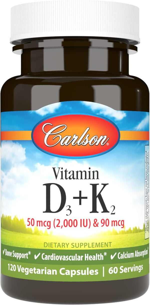 Carlson Vitamin D3 + K2, 50 mcg (2000 IU) Vitamin D3 & 90 mcg Vitamin K2, 120 Capsules