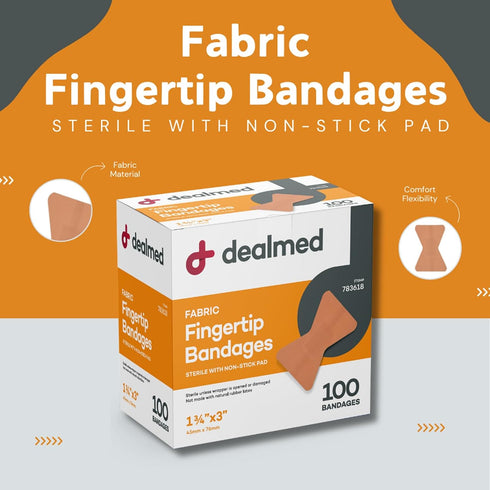 Dealmed Fabric Fingertip Flexible Adhesive Bandages – 100 Count, Non-Stick Pad, Latex Free for First Aid Kit, 1 3/4" x