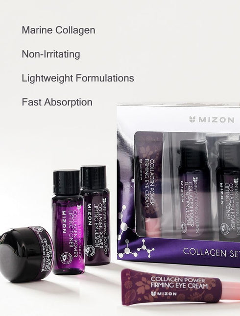 MIZON Collagen Mini Set for Daily Moisturizing, Wrinkle Care, Korean Skin Care Gift Set (Toner+Emulsion+Eye Cream+Face