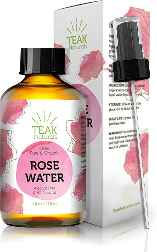 ROSE WATER TONER by Teak Naturals, 100% Organic Natural Moroccan Rosewater, Chemical Free, 4 oz