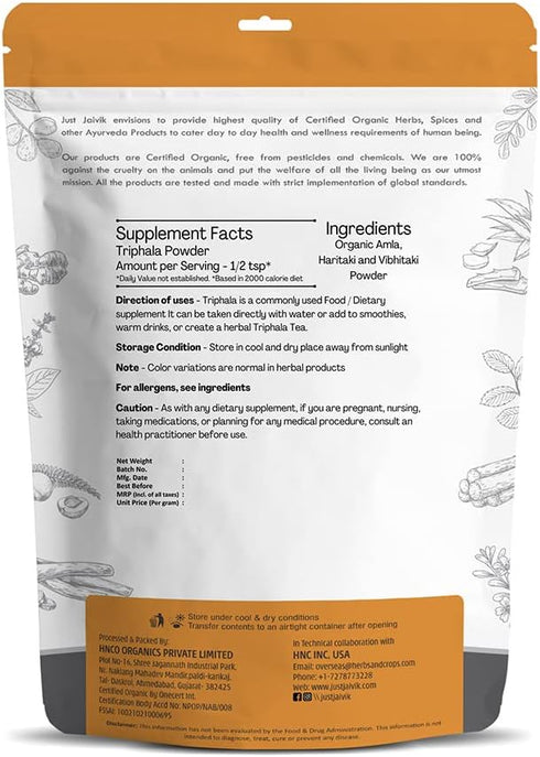 Just Jaivik 100% Organic Triphala Powder, 227 gm / 0.5 lb, Supports Immunity & Digestive Functions