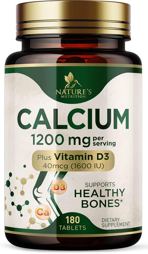 Calcium 1200 mg with Vitamin D3, 180 Tablets, Supports Bone Strength, Teeth & Immune System, Nature's Absorbable Calcium