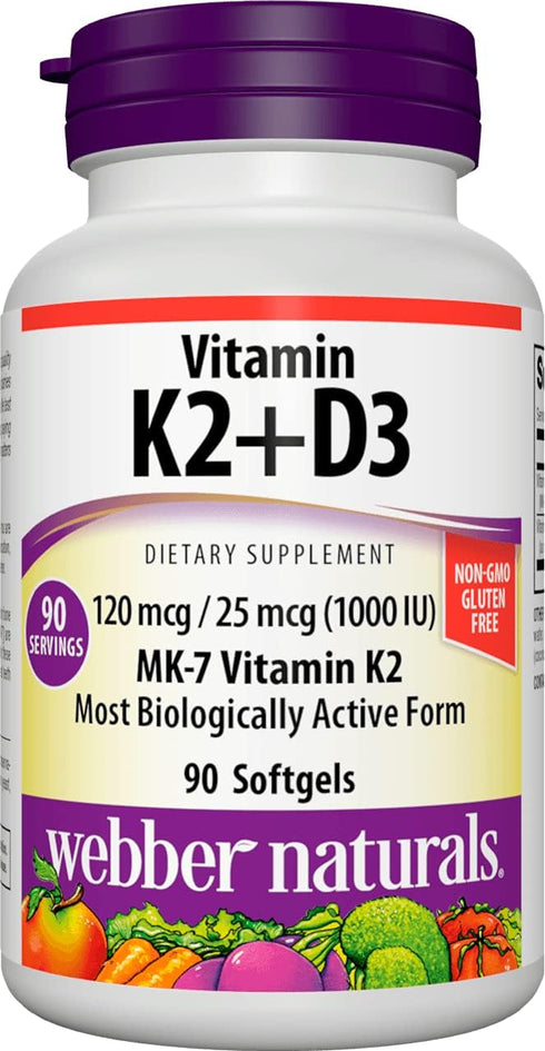 Webber Naturals Vitamin K2 MK-7 (120 mcg) with Vitamin D3 (1,000 IU), 90 Softgels, Supports Bones, Teeth,