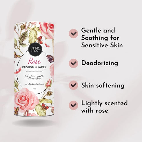 Herb & Root Rose Scented Talc-Free Dusting Powder for Women, Anti-Chafing Body Powder, 6 oz