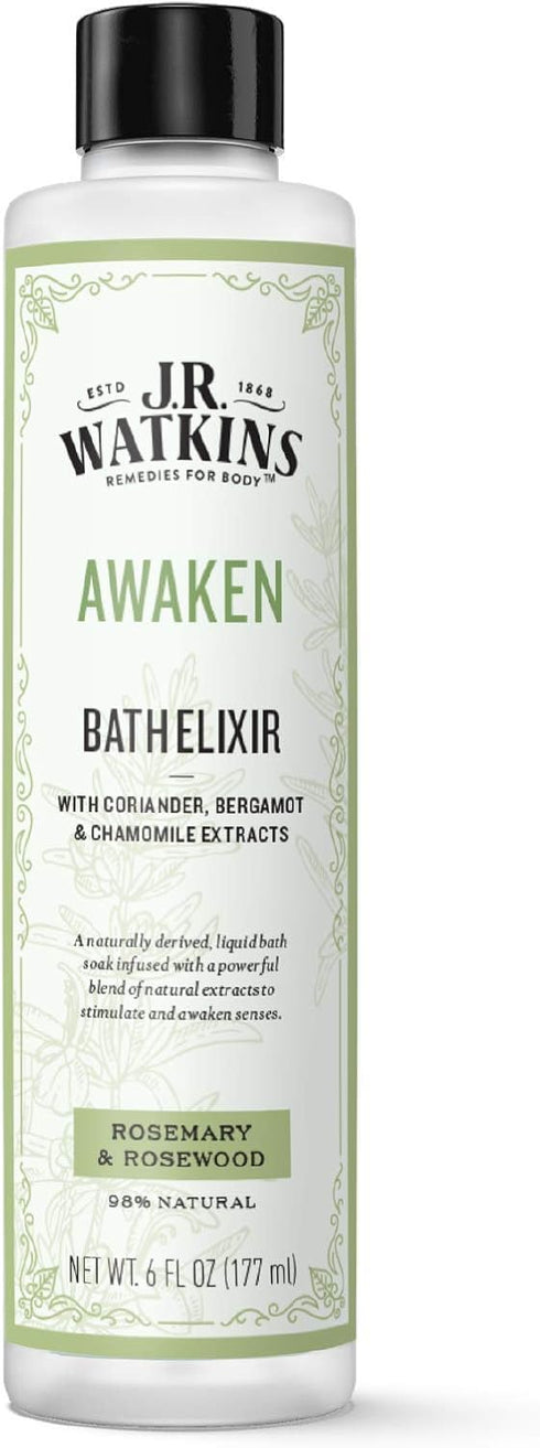 J.R. Watkins Awaken Bath Elixir, Liquid Bath Soak, Rosemary & Rosewood, 6 oz, No Salt, No Residue, Natural Extracts