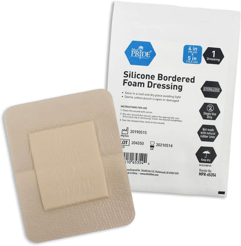 MED PRIDE Silicone Bordered Foam Dressings for Wound Care, Adhesive, Sterile, Pain-Removal, 4x5 Inch (Pack of 10)