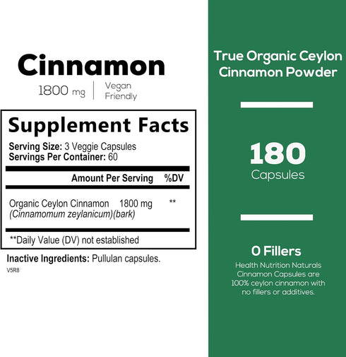 Pure Cinnamon Capsules 1800mg - Certified Organic Ceylon Cinnamon Powder from Sri Lanka, Non-GMO, Gluten Free, Vegan, Sugar Free, True Cinnamomum Supplement Antioxidant Rich Cinnamon Pills - 180 Count