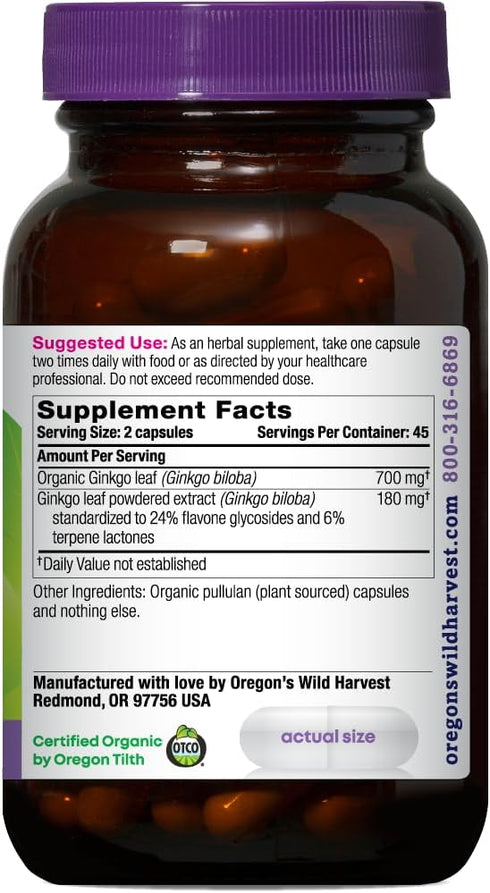 Oregon's Wild Harvest Non-GMO Ginkgo Certified Organic Capsules 90 Count