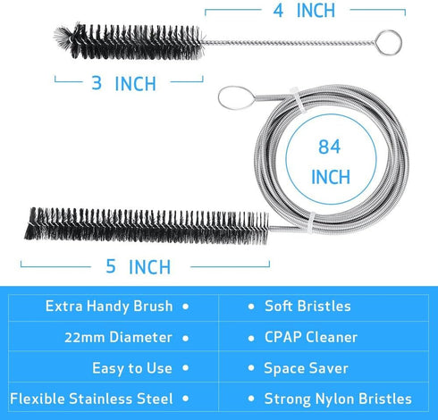 CPAP Tube Cleaning Brush – 7ft Flexible Stainless Brush & 7.28in Handy Mask Brush for Standard 22mm Tube – 2pcs