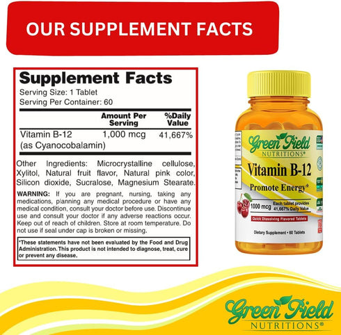 Greenfield Nutritions Halal Vitamin B12 1000mcg - 60 Sublingual Tablets - Cherry Flavored Fast Absorption