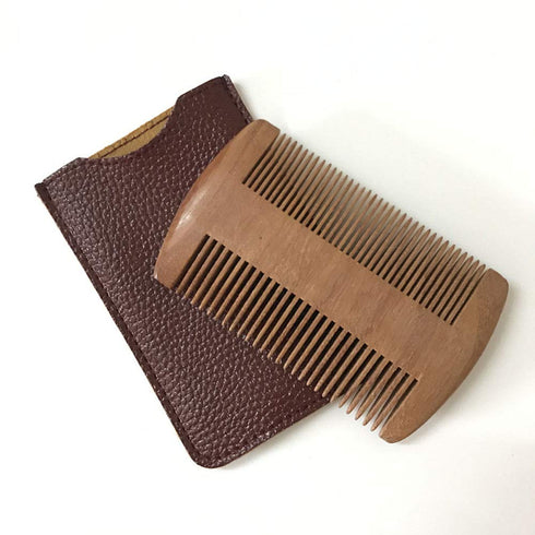 Wooden Beard Comb with PU Leather Case - Pocket Comb for Men, Fine & Coarse Teeth Grooming