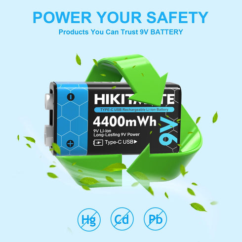 HIKITMATE 2-Pack 9V 4400mWh 9 6F22 9V 2H 10-Year Rechargeable Lithium Batteries USB C, Volt Li-ion Battery for Smoke