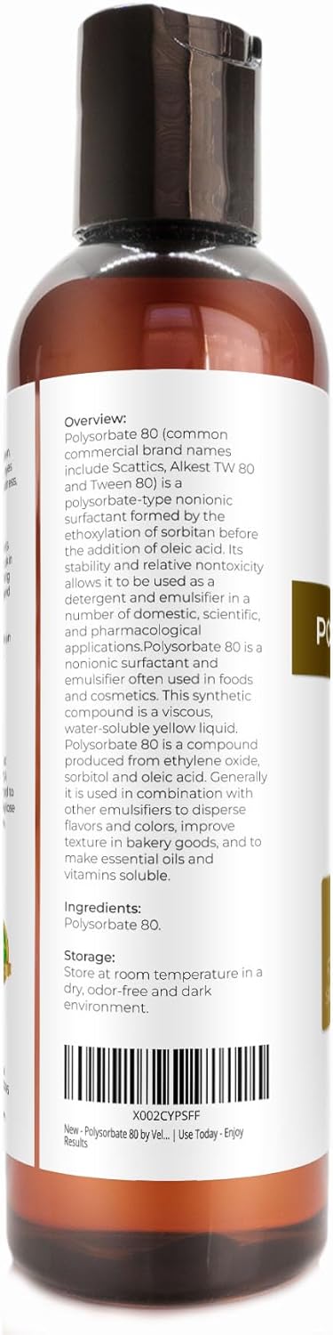 Polysorbate 80 by Velona, 4 Fl Oz | Solubilizer, Food & Cosmetic Grade for Cooking, Skin Care, Bath Bombs