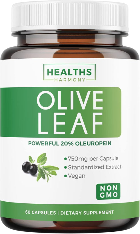 Olive Leaf Extract (Non-GMO) Super Strength, 750mg, 60 Capsules - Immune Support, Skin Health, Antioxidants