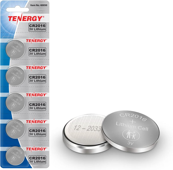 Tenergy CR2016 Battery, 3V Lithium for Watches, Key Fobs, 5 Count (Pack 1)
