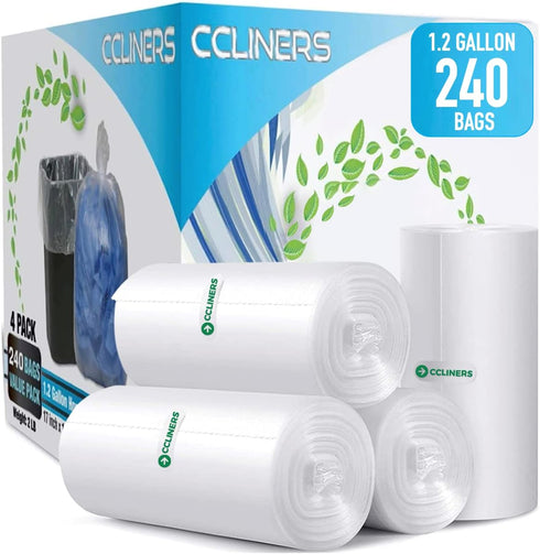 Small Trash Bags CCLINERS, 1.2 Gallon, 240 Small Clear Garbage Bags for Mini Bathroom
