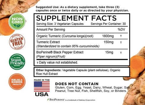 Turmeric Curcumin with BioPerine - 90 Veg Caps - 1965mg, Maximum Absorption for Joint Support, Non-GMO, Made in USA