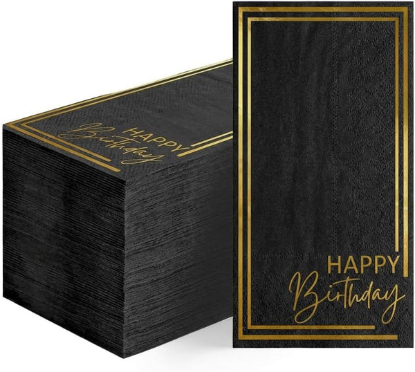 Horaldaily Birthday Disposable Paper Decorative Guest Napkins, Happy Birthday Gold Foil Black