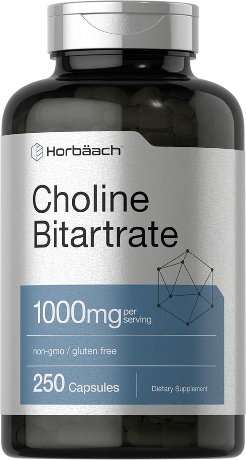 Horbaach Choline Bitartrate Supplement, 1000mg, 250 Capsules, Non-GMO, Gluten Free