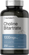 Horbaach Choline Bitartrate Supplement, 1000mg, 250 Capsules, Non-GMO, Gluten Free