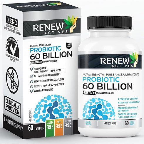 Renew Actives New Probiotics - 60 Billion CFU with MAKTREK Bi-Pass Technology for Digestive Health, Immunity, 60