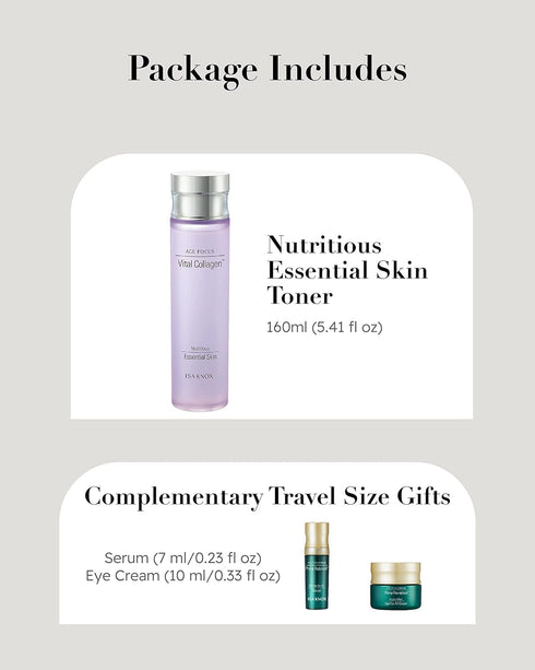 ISA KNOX Age Focus Essential Toner, Vital Collagen, Prime Eye Cream & Serum with Vitamins C, B12 & E (177 ml/5.99 fl