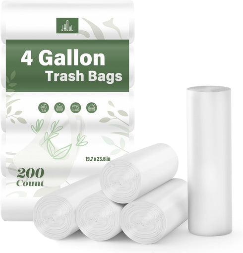 Jaoul 4 Gallon Trash Bags, 200 Counts, Unscented Strong Bathroom Garbage Bags, White