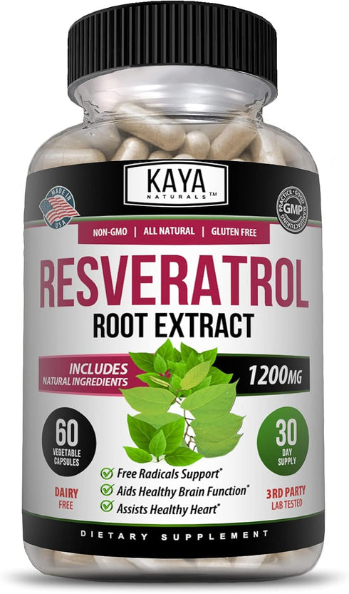 Kaya Naturals Resveratrol Capsules, Anti Aging Supplement with Antioxidants and Brain Support, 60 Veggies Capsules