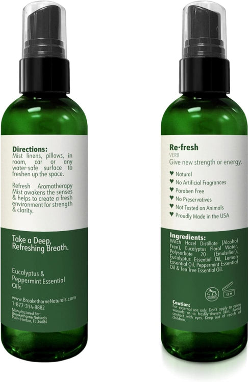 Refresh Aromatherapy Room Spray & Pillow Mist - Peppermint & Eucalyptus Essential Oil, Natural Car Air Freshener