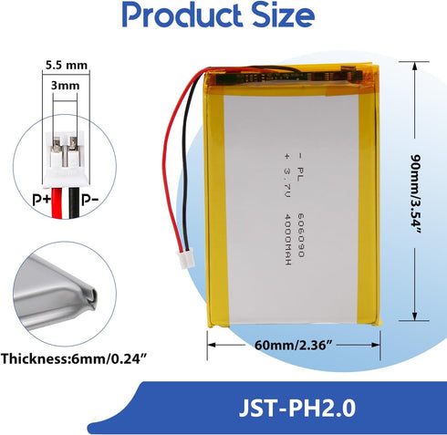 Winfox 3.7V 4000mAh 606090 Pack PH2.0mm Lipo Battery Rechargeable Lithium Polymer Battery with JST Connector