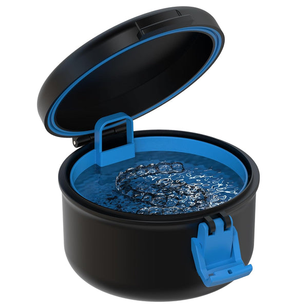 BVN Leak-Proof Denture Bath Cup for Travel, Denture Soaking Cup with Strainer (Black + Blue)