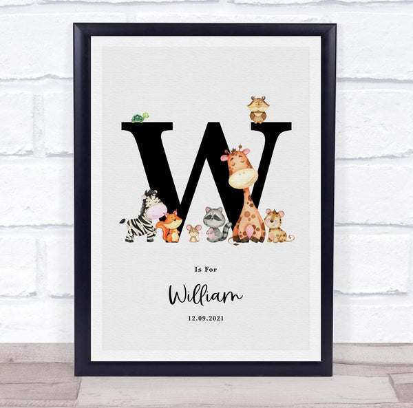 The Card Zoo New Baby Birth Details Nursery Jungle Animals Initial W Keepsake Gift Print