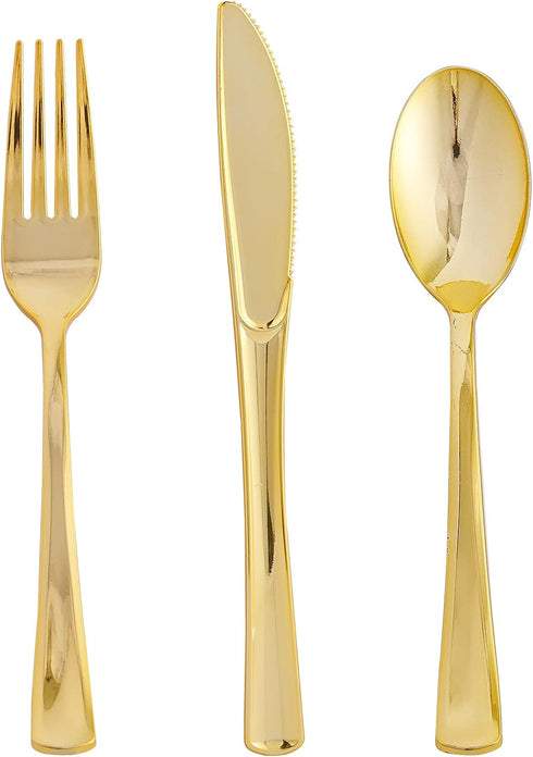 FOCUSLINE 75 Pack Gold Plastic Silverware Set - 25 Forks, 25 Knives, 25 Spoons - Heavy Duty Disposable Cutlery