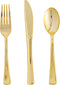 FOCUSLINE 75 Pack Gold Plastic Silverware Set - 25 Forks, 25 Knives, 25 Spoons - Heavy Duty Disposable Cutlery