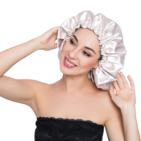 Stain Bonnet Adjustable Satin Sleep Cap, Reversible Double Layer X-Large Size in Champagne/Grey