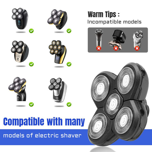 Shaver Blade Heads, 5 Heads Electric Razor Replacement Blade for Head and Face, Easy Install (Black)