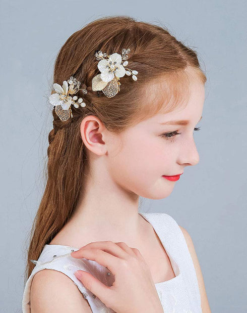 PRDGIRL Pack of 2 Wedding Flower Girl Hair Pins, Bride Pearl Hair Piece Crystals Hair Clips for Women and Girls (Gold)