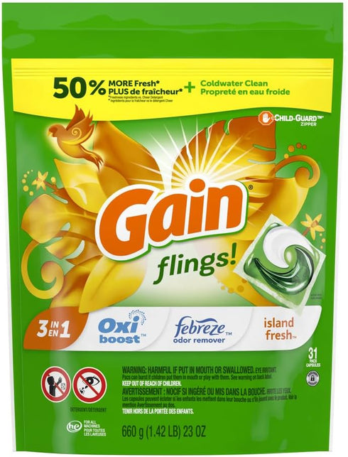Gain Flings Laundry Detergent Soap Pacs, HE Compatible, 31 ct, Long Lasting Scent, Island Fresh
