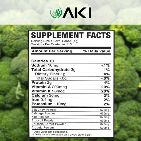 AKI Cruciferous Superfood Green Mix Powder, Made from Kale, Broccoli, Brussels Sprouts, 5.3oz/150g