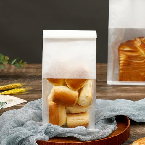 XZJMY 50Pcs Packaging 5.1"x3.9"x11") Bakery Bags,Paper Bread Bags with Clear Front Windo, Tin Tie Tab Lock Kraft Tin
