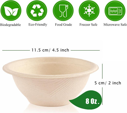 Ocmoiy Bulk 150Pk. 8 OZ Paper Bowls Disposable Heavy Duty Small Compostable Food Bowls, Eco-friendly Sugarcane Bowls for Party Serving Treats, Microwave Safe for Hot or Cold Use by Ocmoiy
